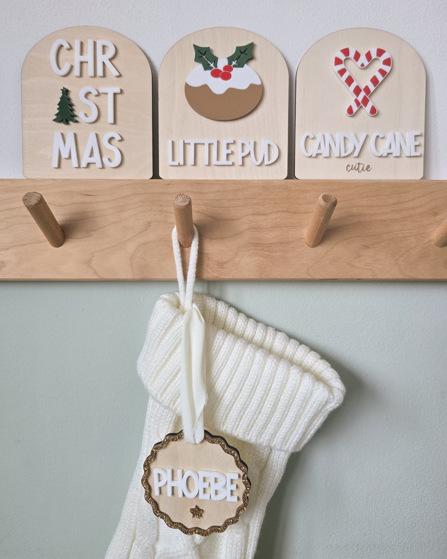 Christmas stocking with personalised tag