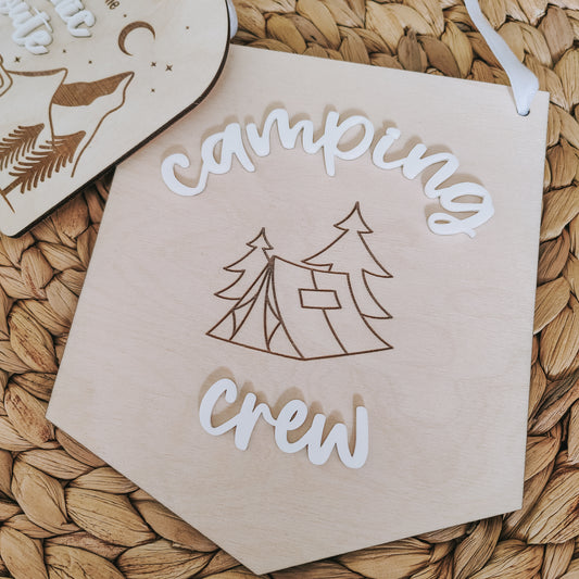 Camping Crew wooden & acrylic hanging flag