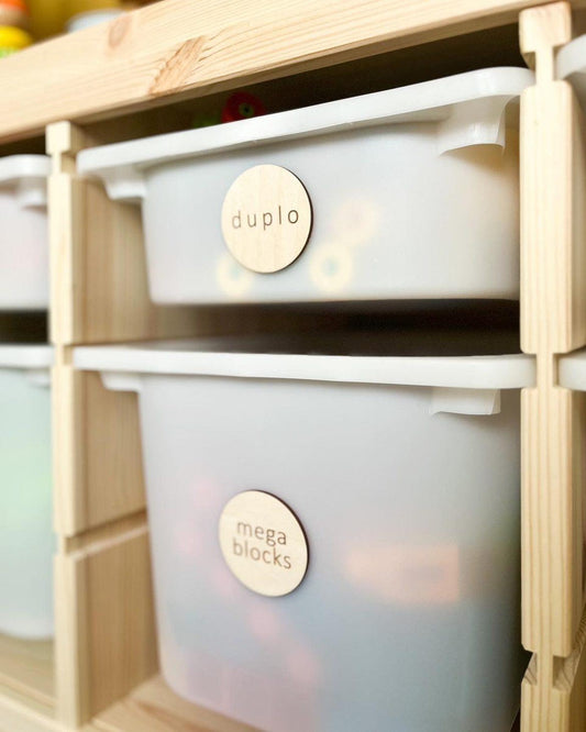 Wooden playroom storage labels