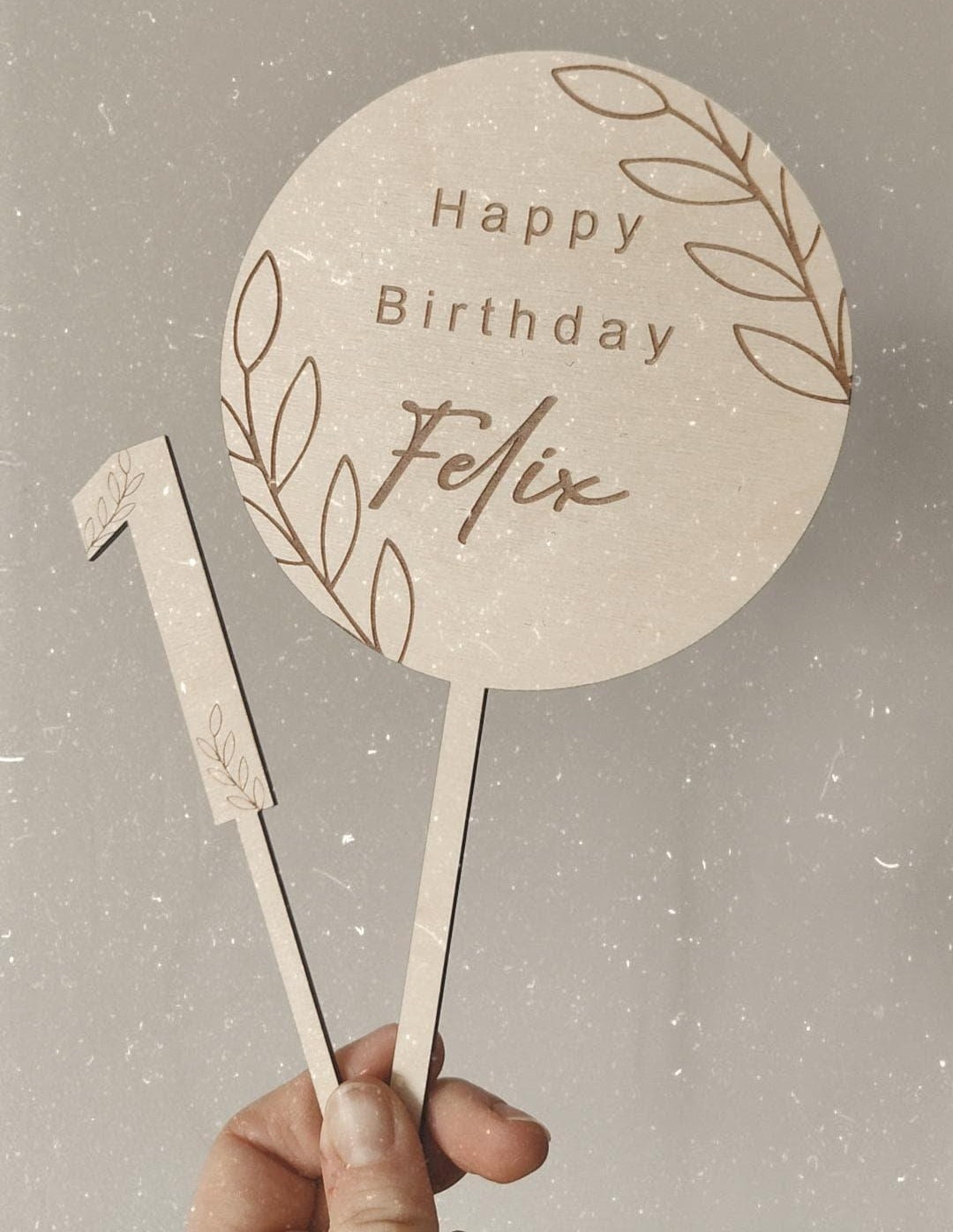 Wooden personalised botanical leaf birthday cake topper