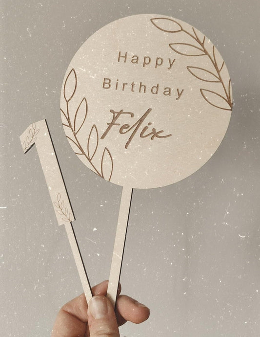 Wooden personalised botanical leaf birthday cake topper