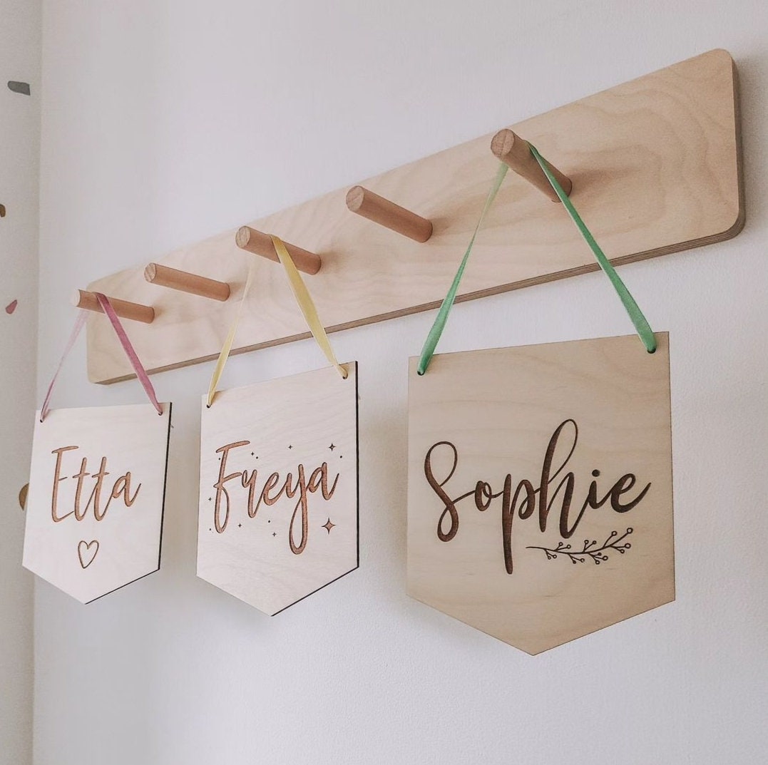Personalised wooden hanging name pennant flag
