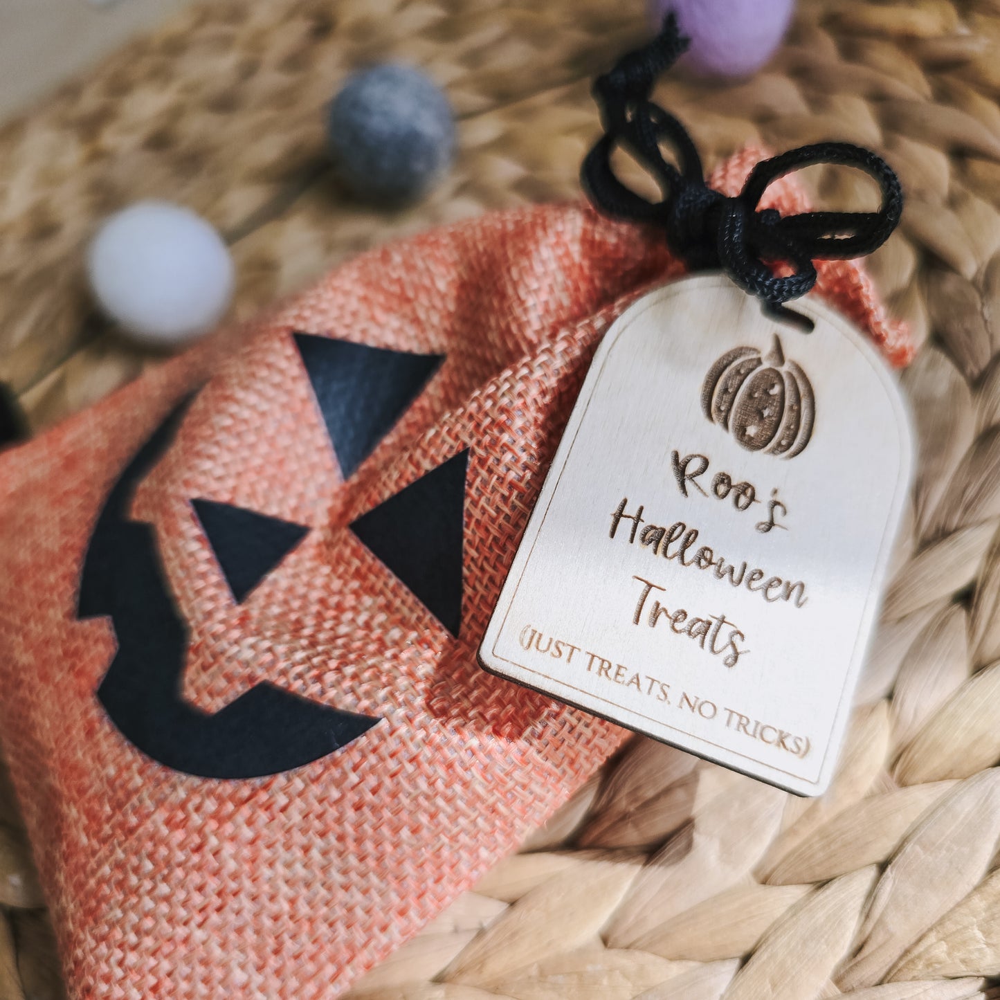 Halloween pumpkin treat bag with personalised tag