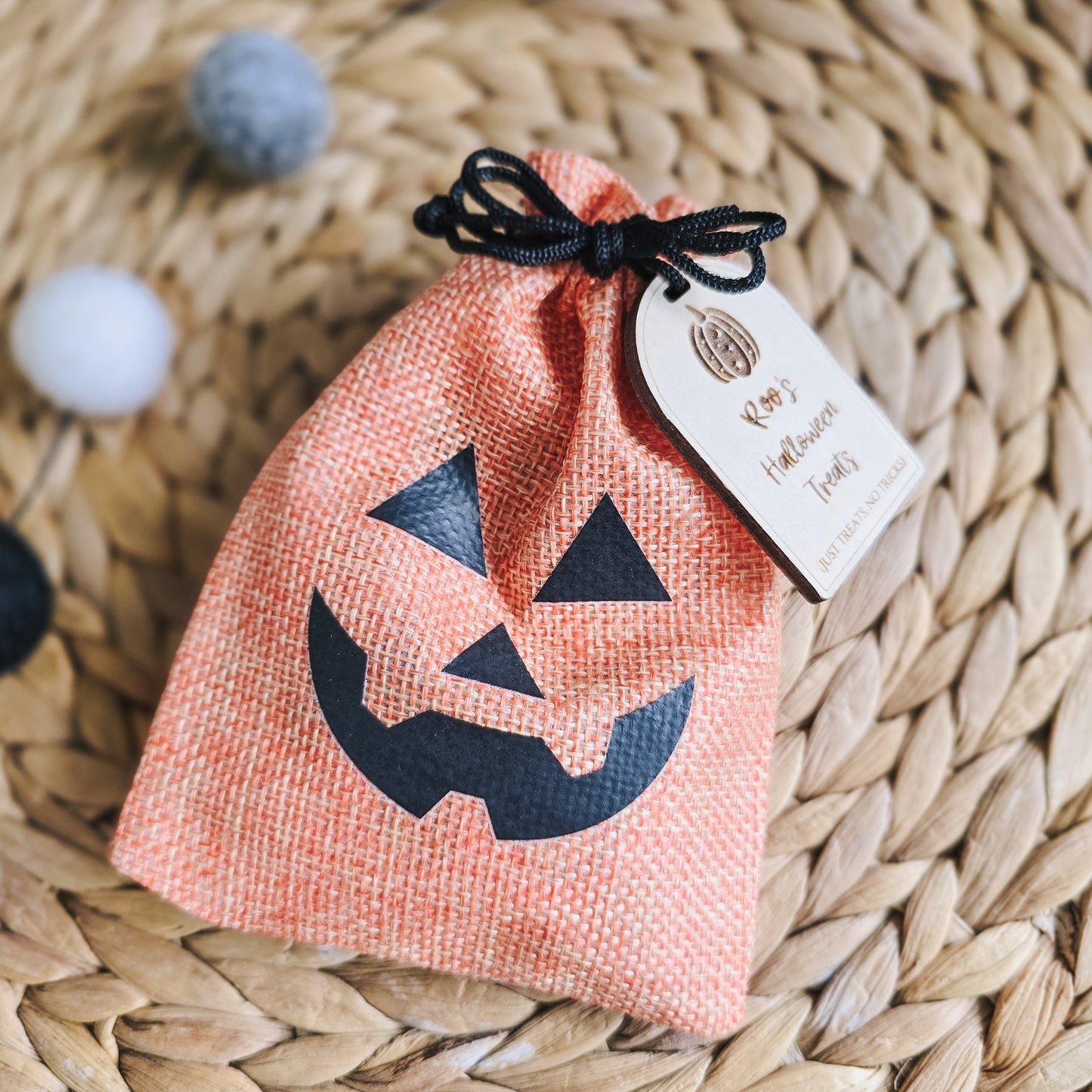 Halloween pumpkin treat bag with personalised tag