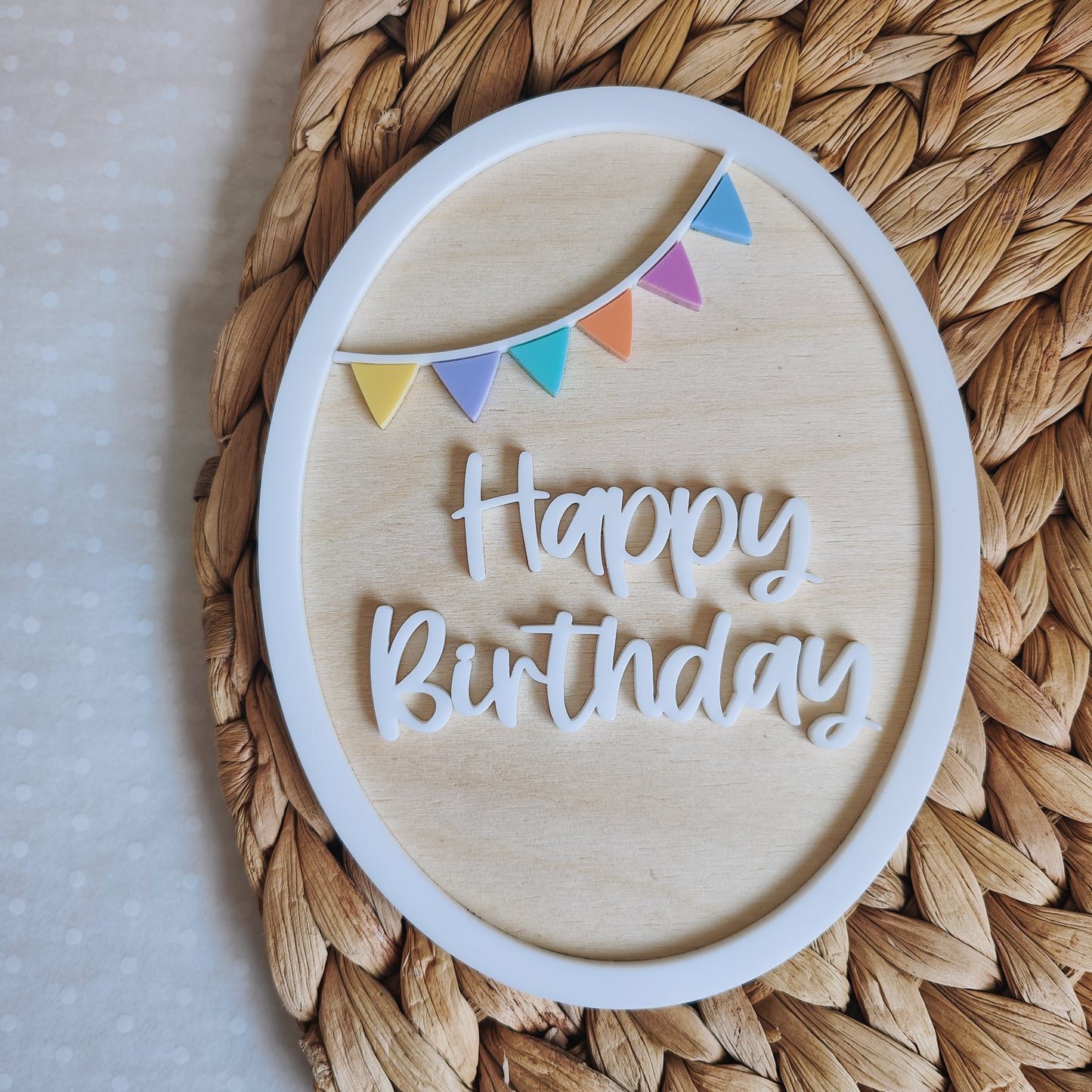 Rainbow bunting birthday oval plaque