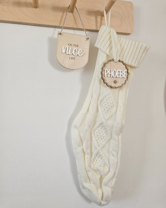 Christmas stocking with personalised tag