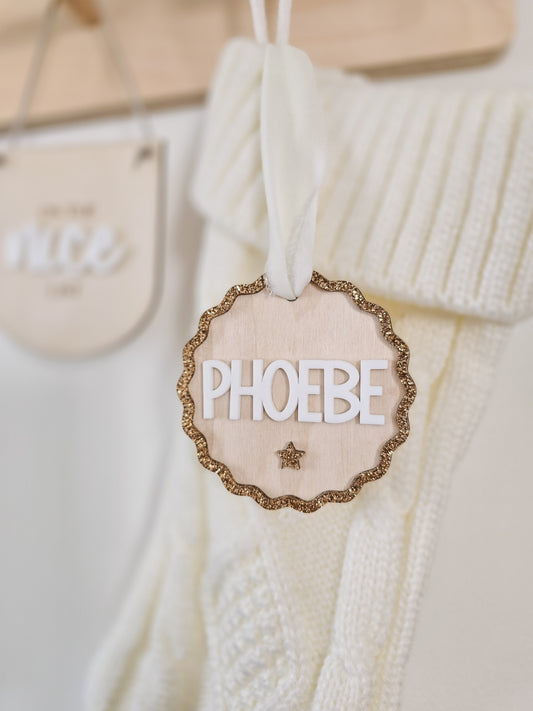 Christmas stocking with personalised tag