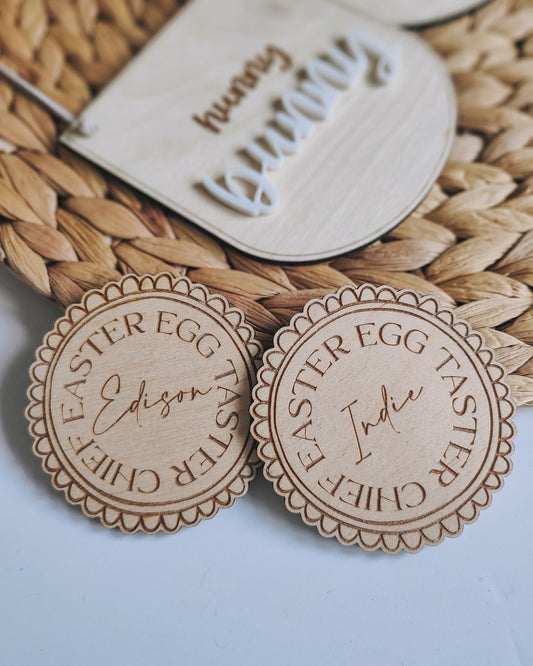 Personalised Easter Egg Taster Wooden Badge