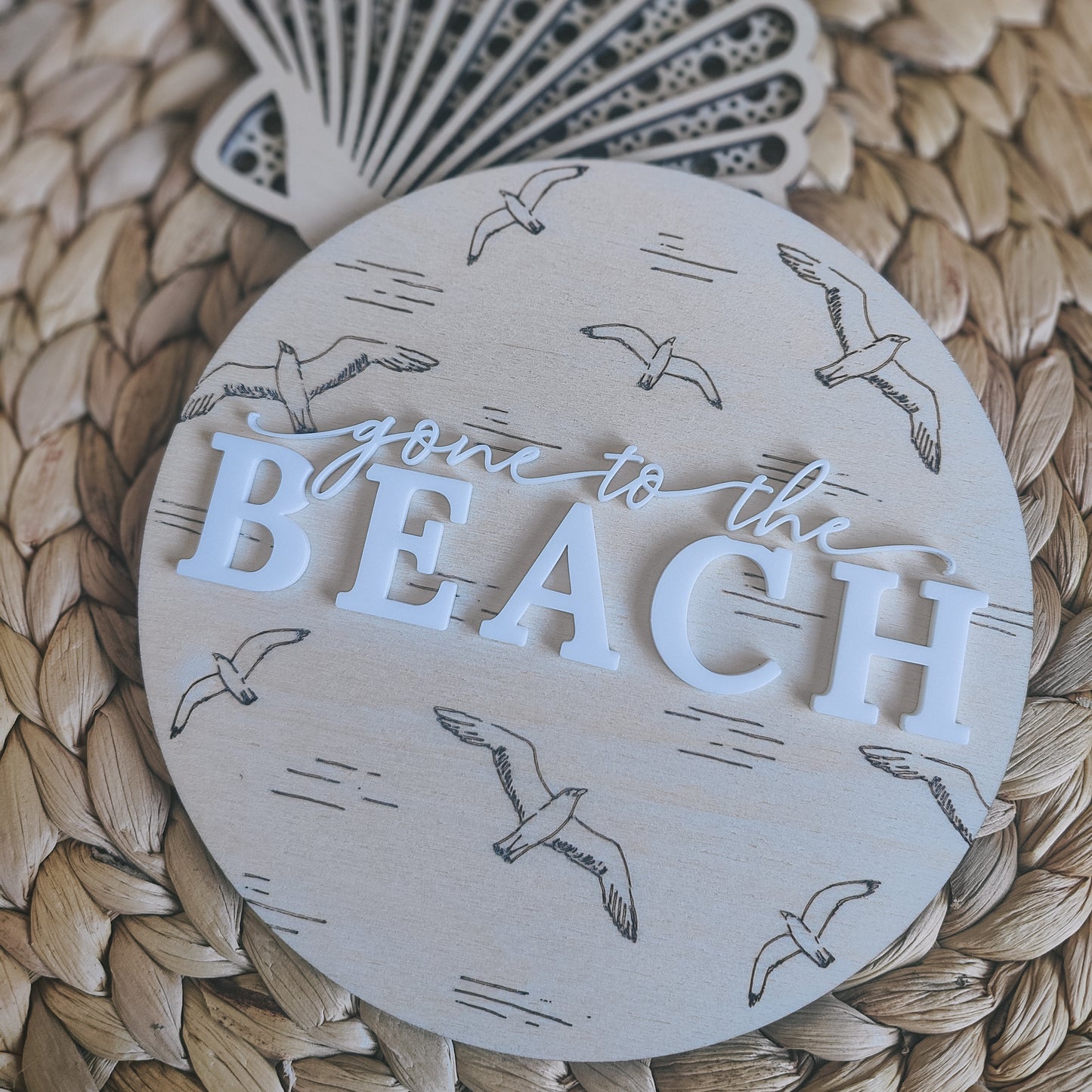 Gone to the beach engraved seagull round plaque