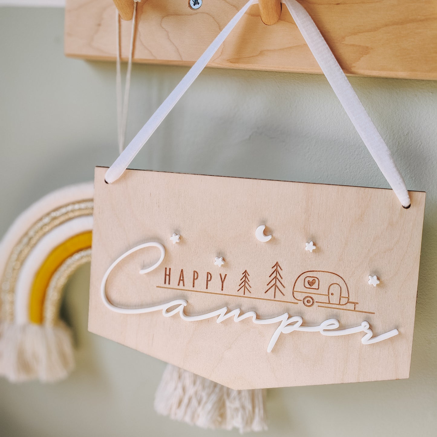 Happy Camper wooden & acrylic hanging flag