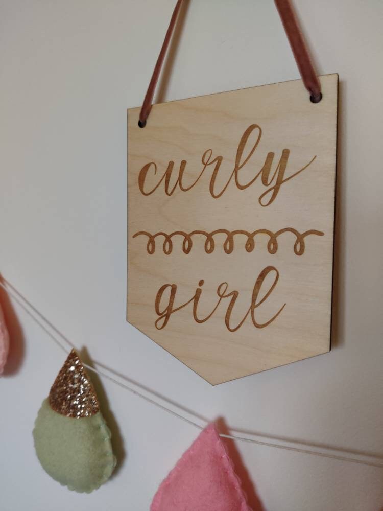 Curly girl wooden pennant flag wall hanging
