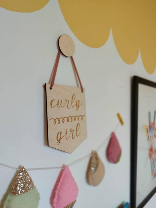 Curly girl wooden pennant flag wall hanging
