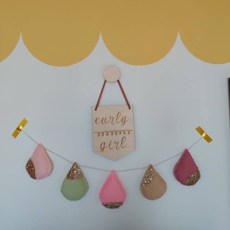 Curly girl wooden pennant flag wall hanging
