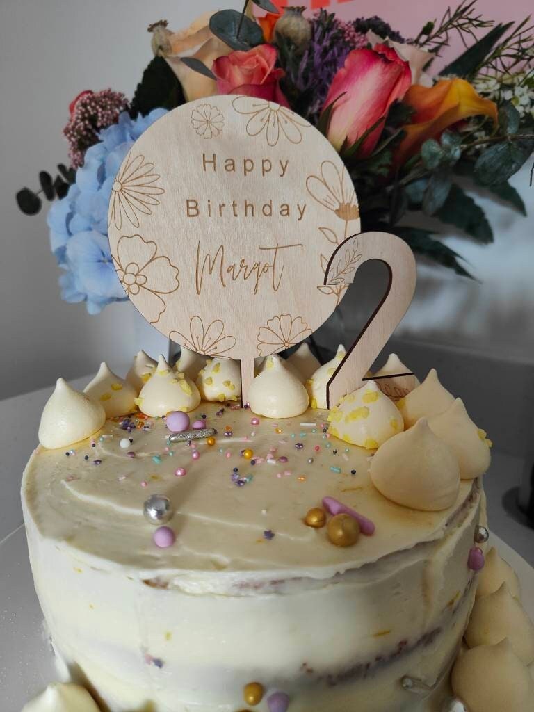 Personalised floral birthday cake topper