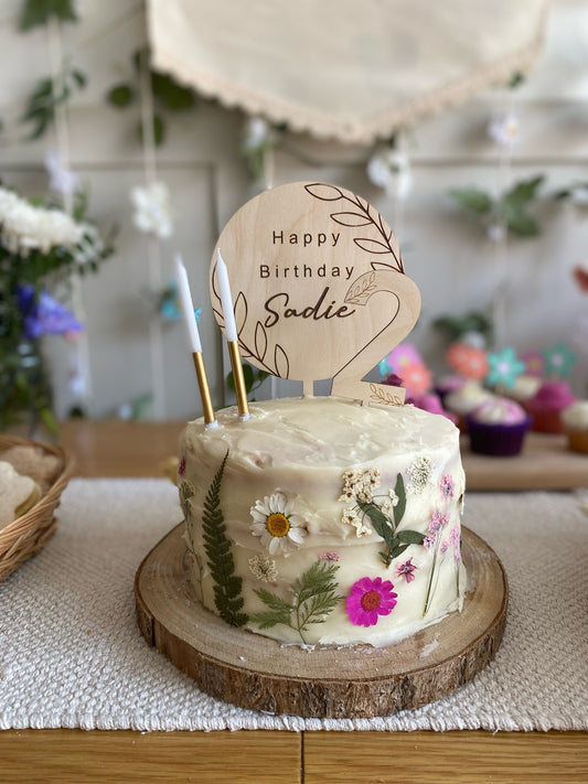 Wooden personalised botanical leaf birthday cake topper