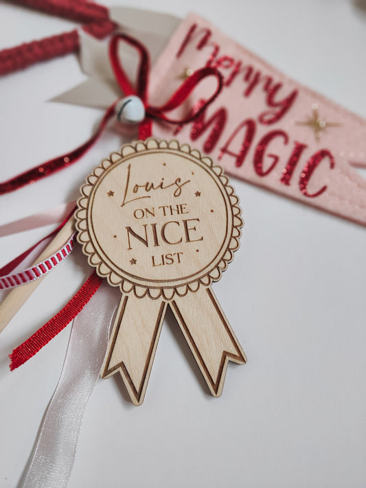 Personalised 'Nice list' wooden rosette badge
