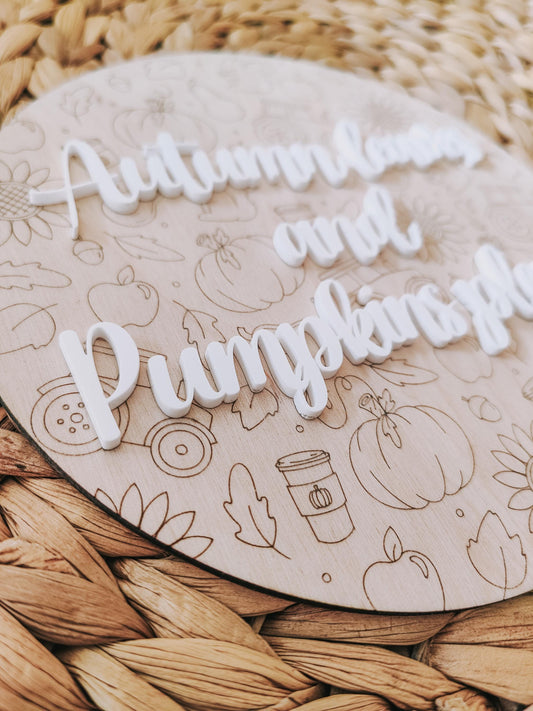 Autumn leaves and pumpkins please round plaque