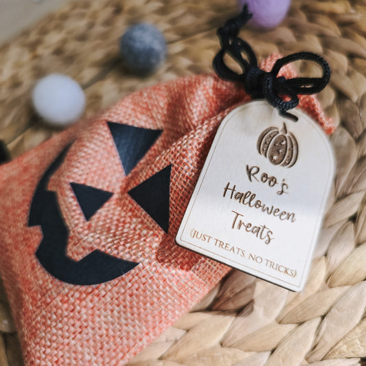 Halloween pumpkin treat bag with personalised tag