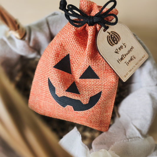 Halloween pumpkin treat bag with personalised tag