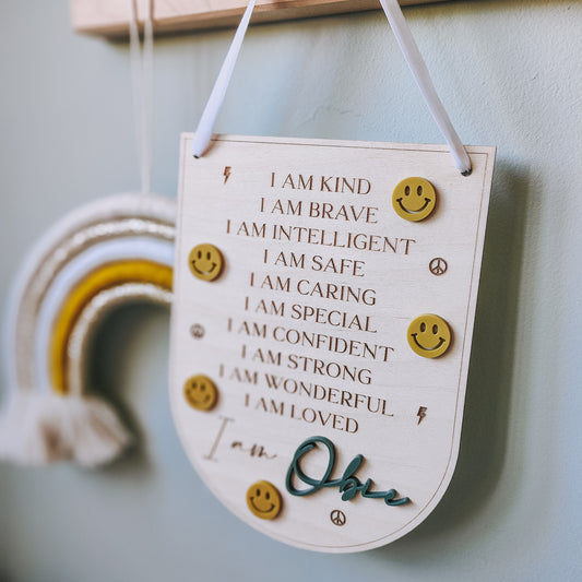 Personalised positive affirmation hanging banner with smiley faces