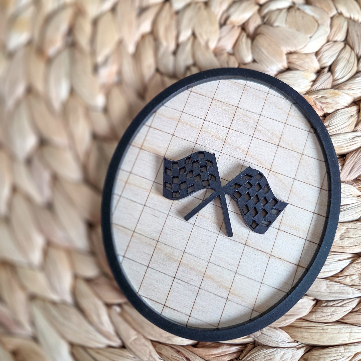 Checkered racing flag oval plaque
