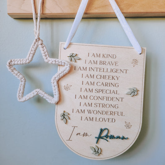 Personalised positive affirmation hanging banner with botanical leaves