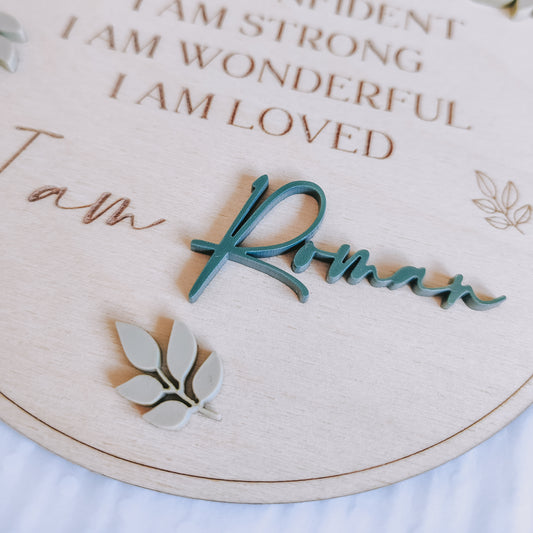 Personalised positive affirmation hanging banner with botanical leaves